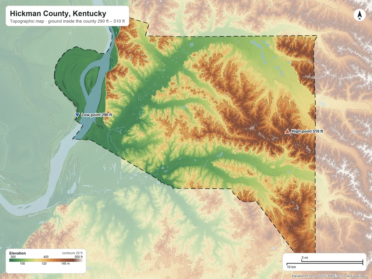 Topographic elevation map of Hickman County, Kentucky, shaded from 290 ft on the west side to 510 ft on the east side