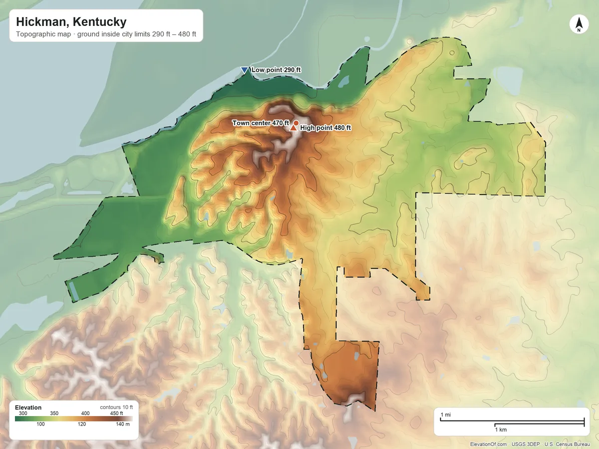 Topographic elevation map of Hickman, Kentucky, shaded from 290 ft on the northwest side to 480 ft near the middle