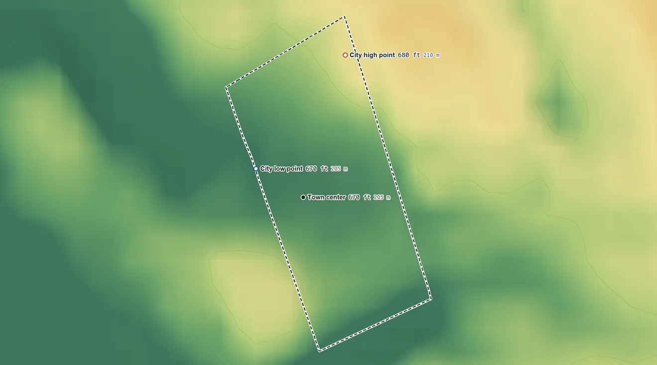 Topographic elevation map of Hickory Hill, Kentucky, shaded from 670 ft on the northwest side to 680 ft on the north side