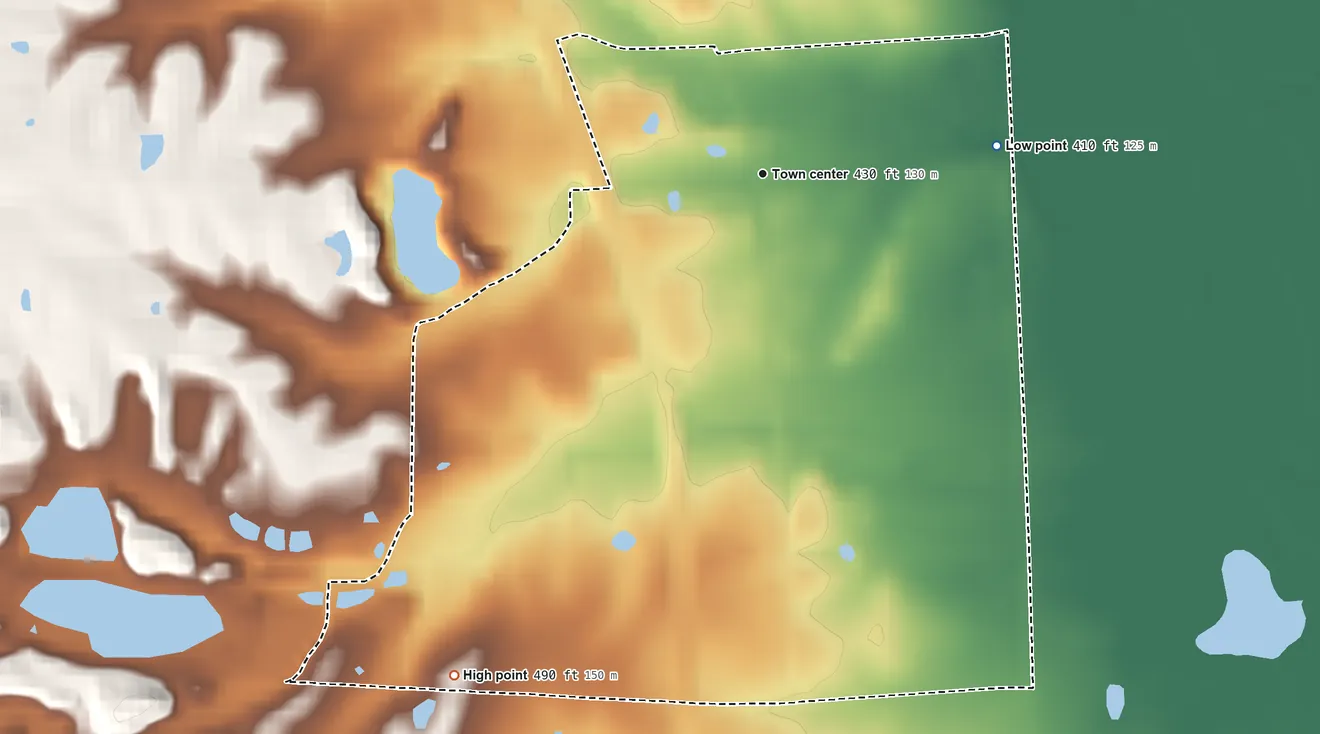 Topographic elevation map of Hickory, Kentucky, shaded from 410 ft on the east side to 490 ft on the southwest side