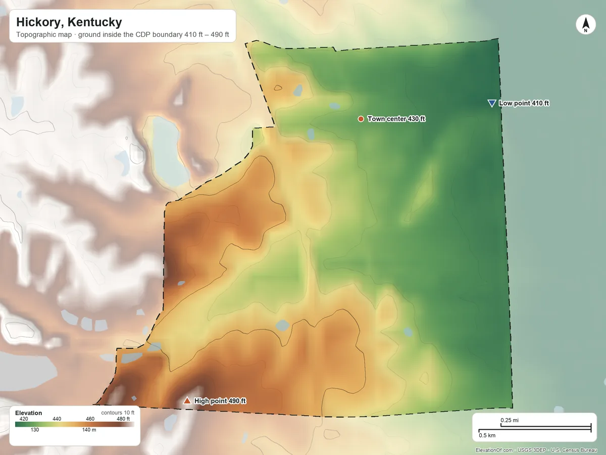 Topographic elevation map of Hickory, Kentucky, shaded from 410 ft on the east side to 490 ft on the southwest side