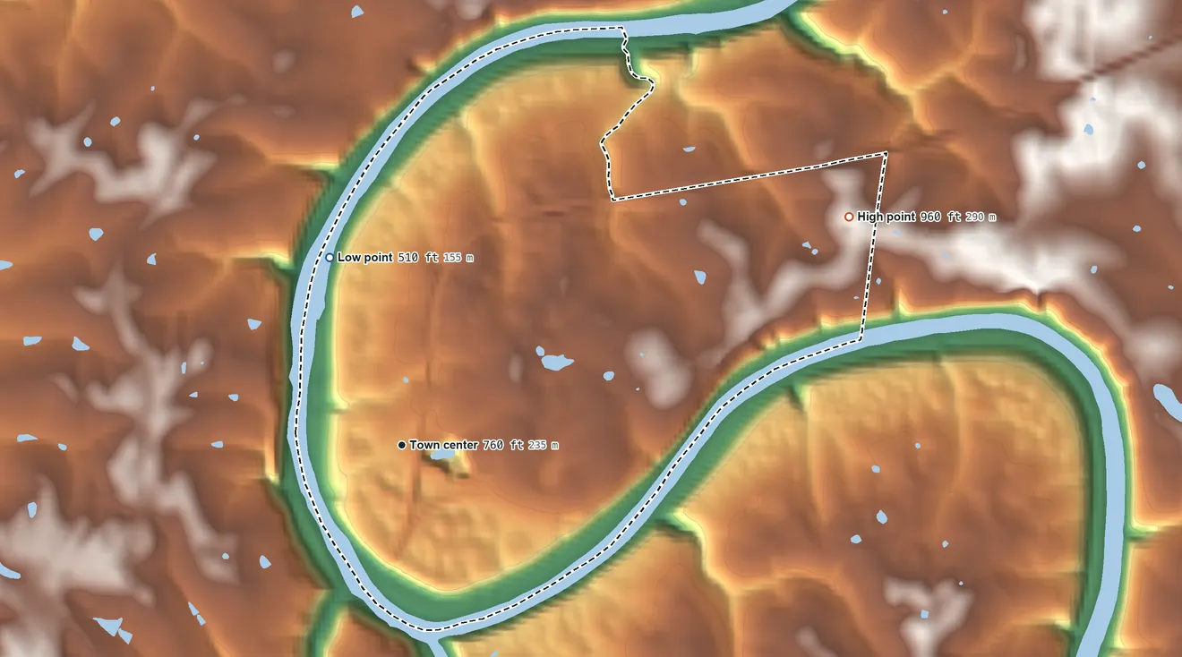 Topographic elevation map of High Bridge, Kentucky, shaded from 510 ft on the north side to 960 ft on the northeast side