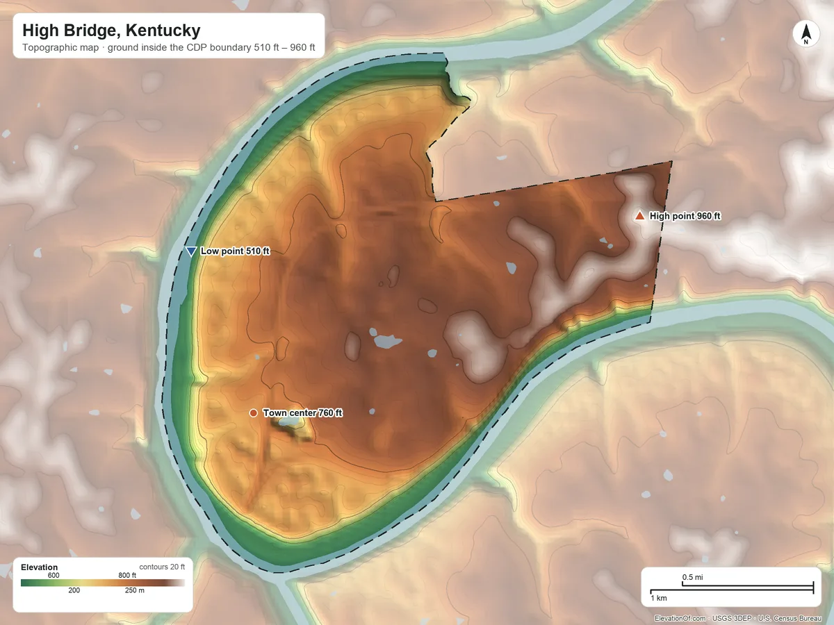 Topographic elevation map of High Bridge, Kentucky, shaded from 510 ft on the north side to 960 ft on the northeast side