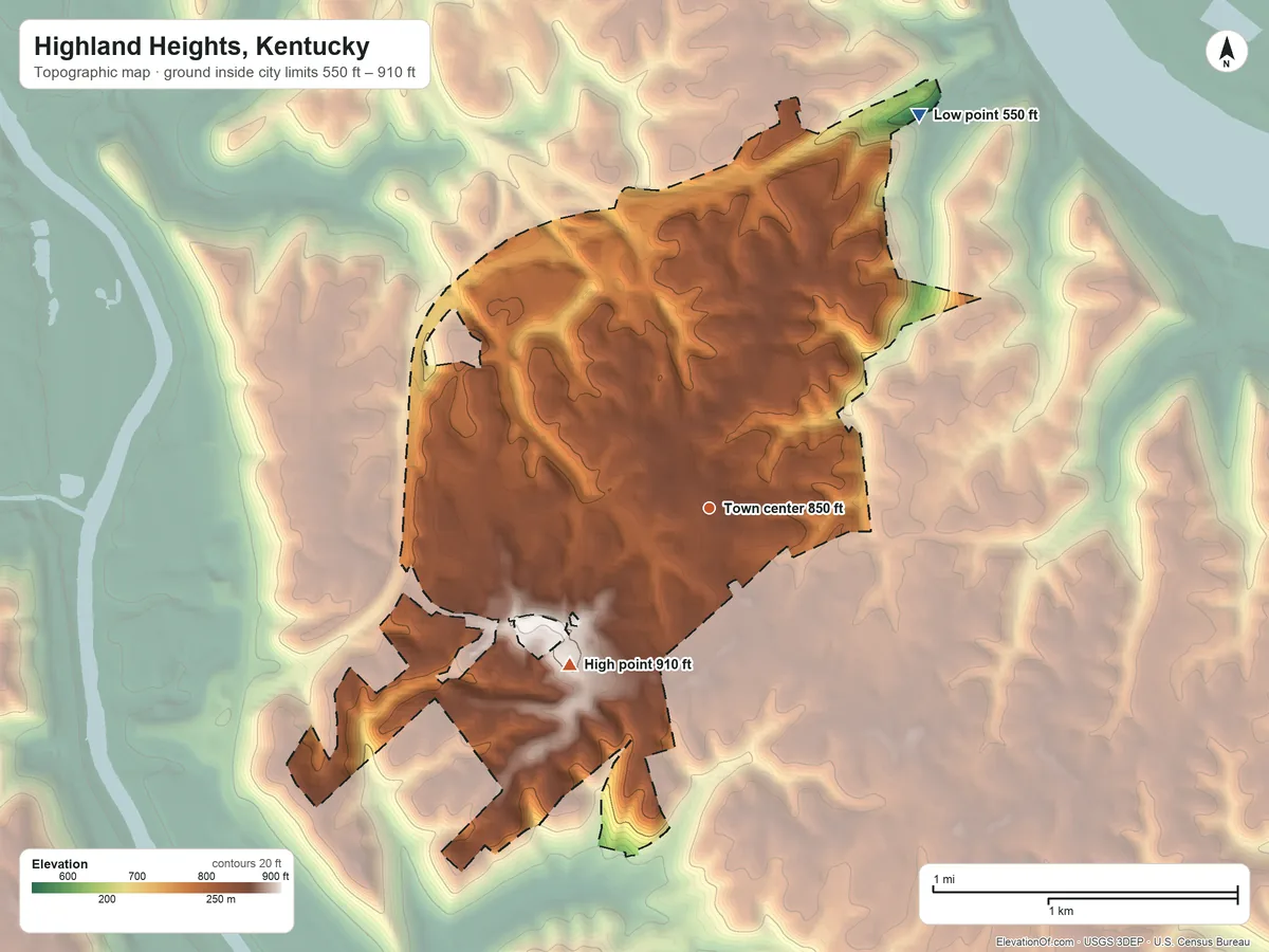 Topographic elevation map of Highland Heights, Kentucky, shaded from 550 ft on the northeast side to 910 ft on the southwest side