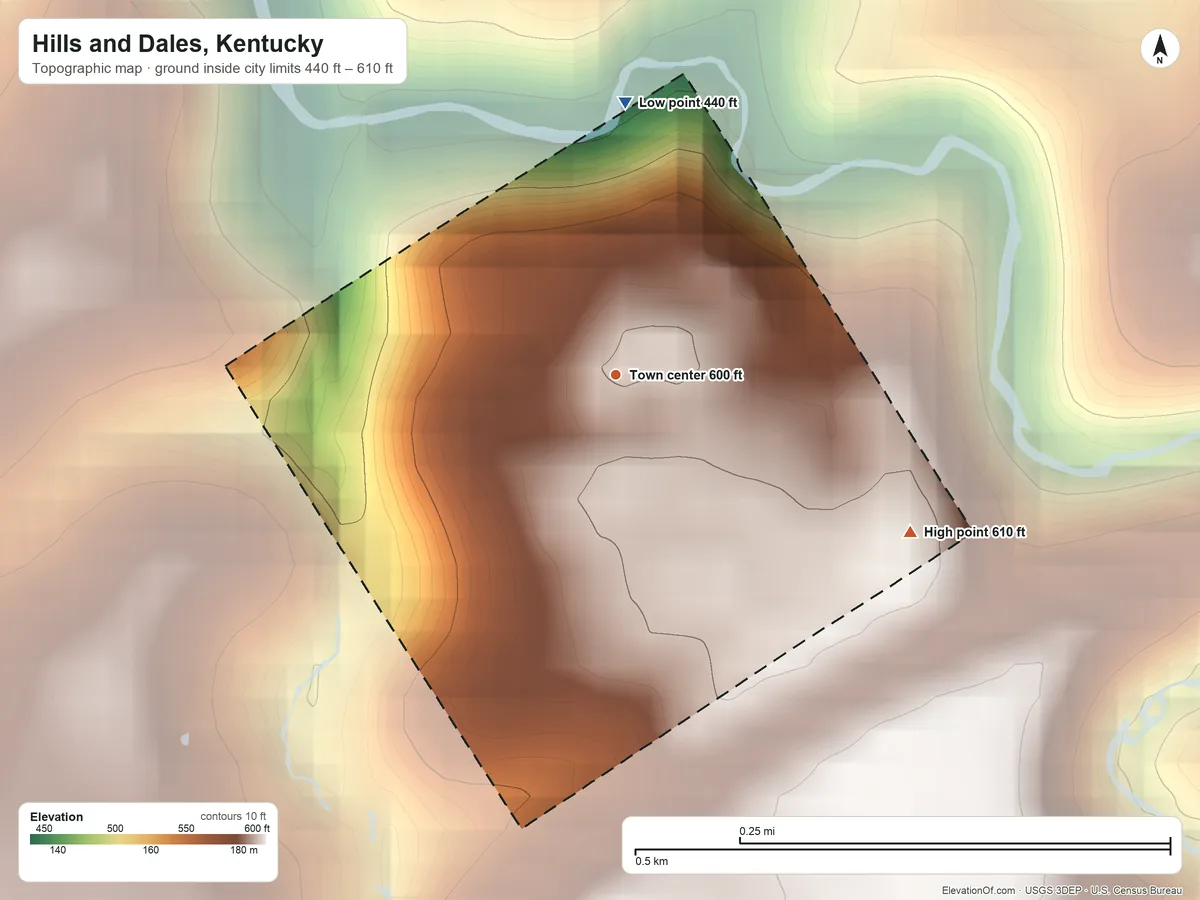 Topographic elevation map of Hills and Dales, Kentucky, shaded from 440 ft on the north side to 610 ft on the southeast side