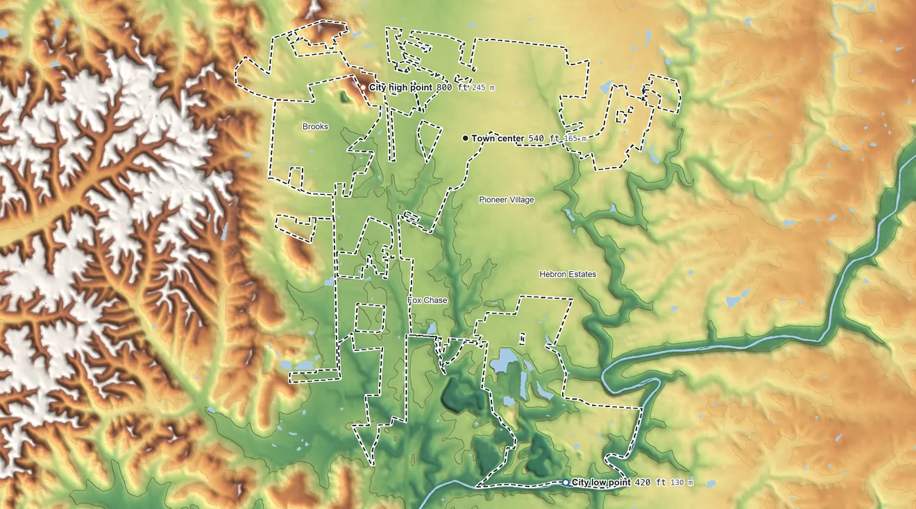 Topographic elevation map of Hillview, Kentucky, shaded from 420 ft on the south side to 800 ft on Buttonmold Knob
