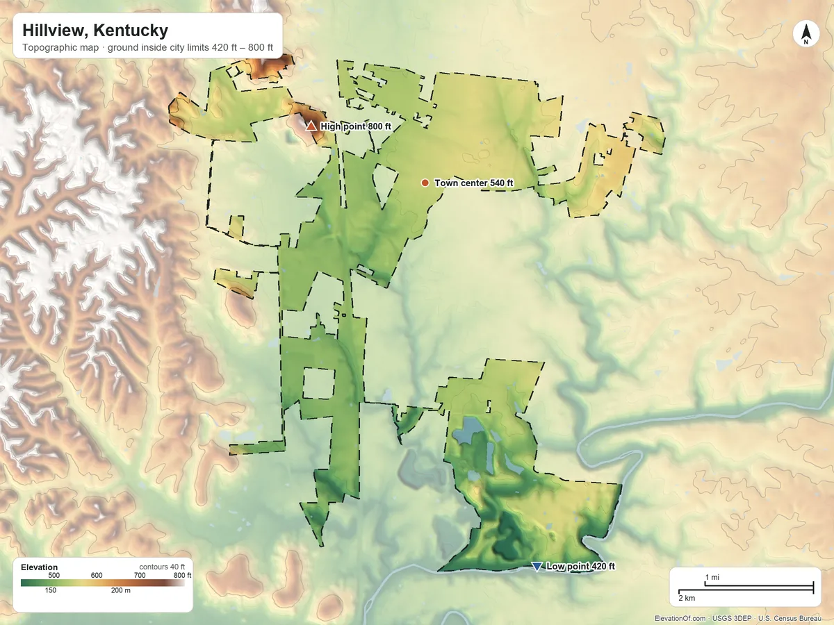 Topographic elevation map of Hillview, Kentucky, shaded from 420 ft on the south side to 800 ft on Buttonmold Knob