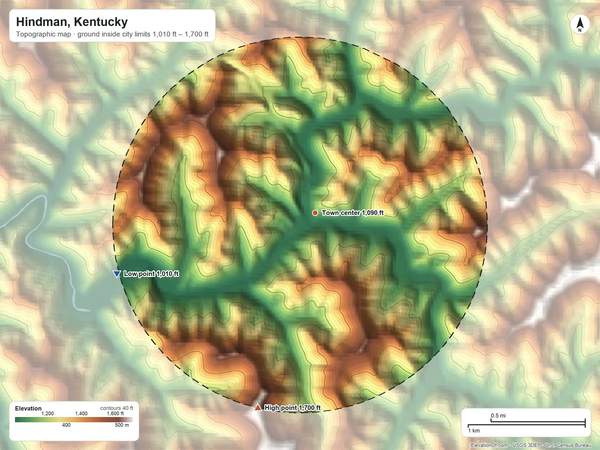 Topographic elevation map of Hindman, Kentucky, shaded from 1,010 ft on the west side to 1,700 ft on the south side