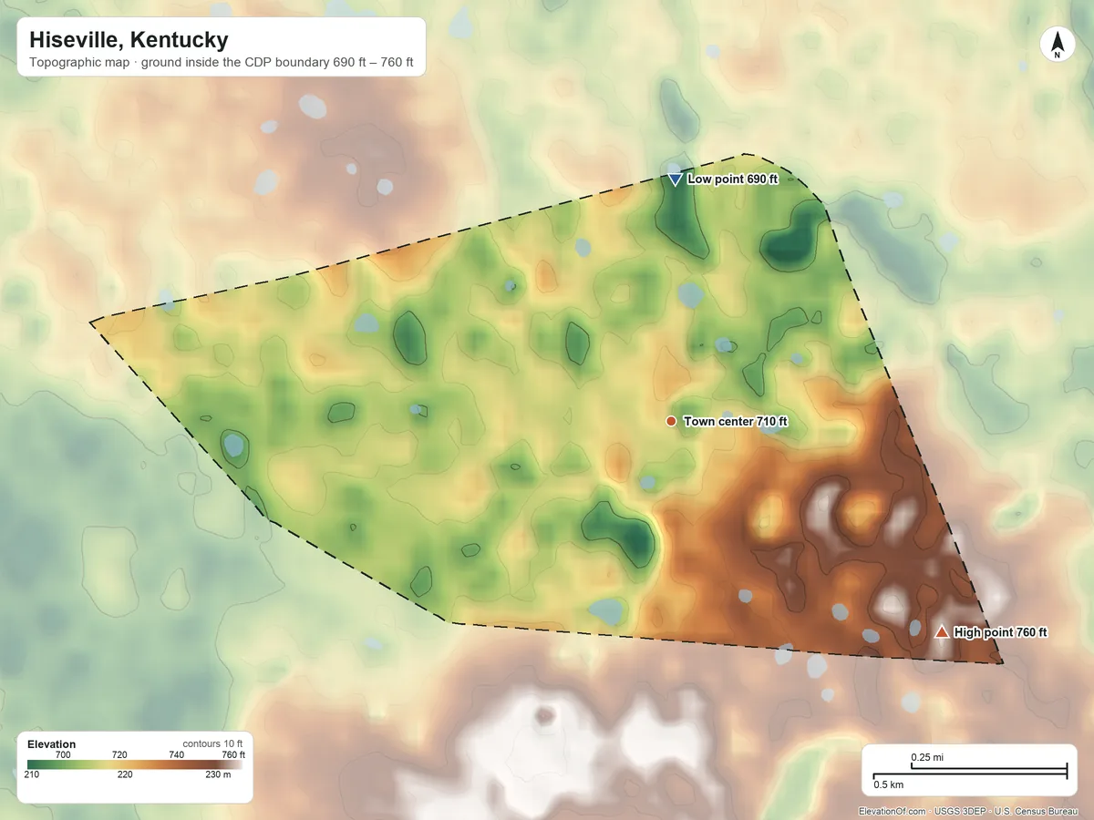 Topographic elevation map of Hiseville, Kentucky, shaded from 690 ft on the north side to 760 ft on the southeast side
