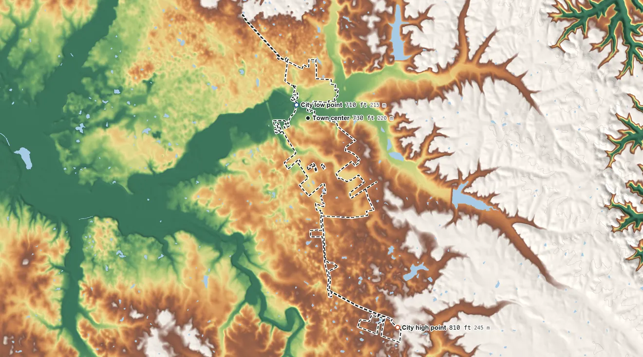 Topographic elevation map of Hodgenville, Kentucky, shaded from 710 ft near the middle to 810 ft on the southeast side