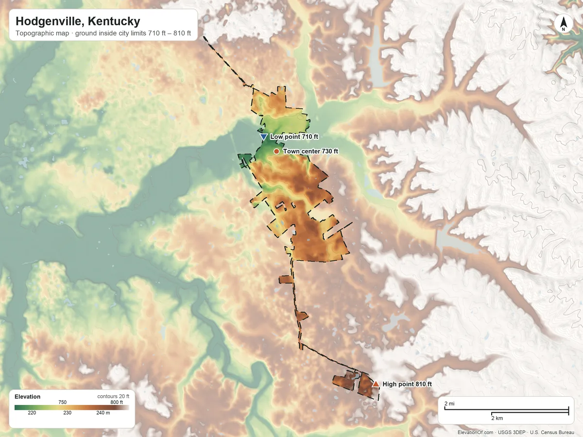 Topographic elevation map of Hodgenville, Kentucky, shaded from 710 ft near the middle to 810 ft on the southeast side