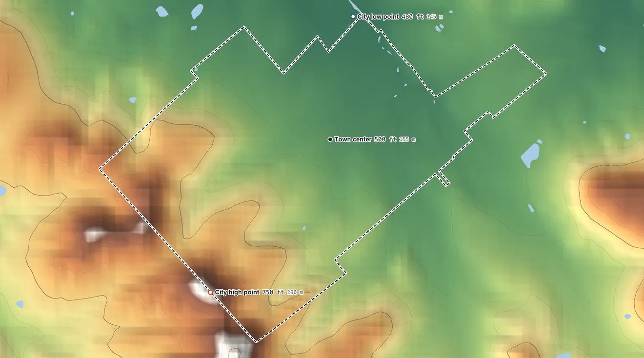 Topographic elevation map of Hollyvilla, Kentucky, shaded from 480 ft on the north side to 750 ft on the southwest side