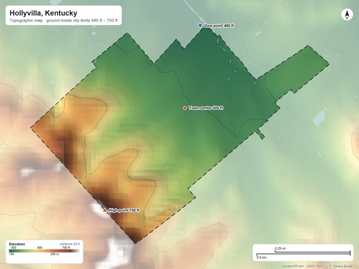 Topographic elevation map of Hollyvilla, Kentucky, shaded from 480 ft on the north side to 750 ft on the southwest side