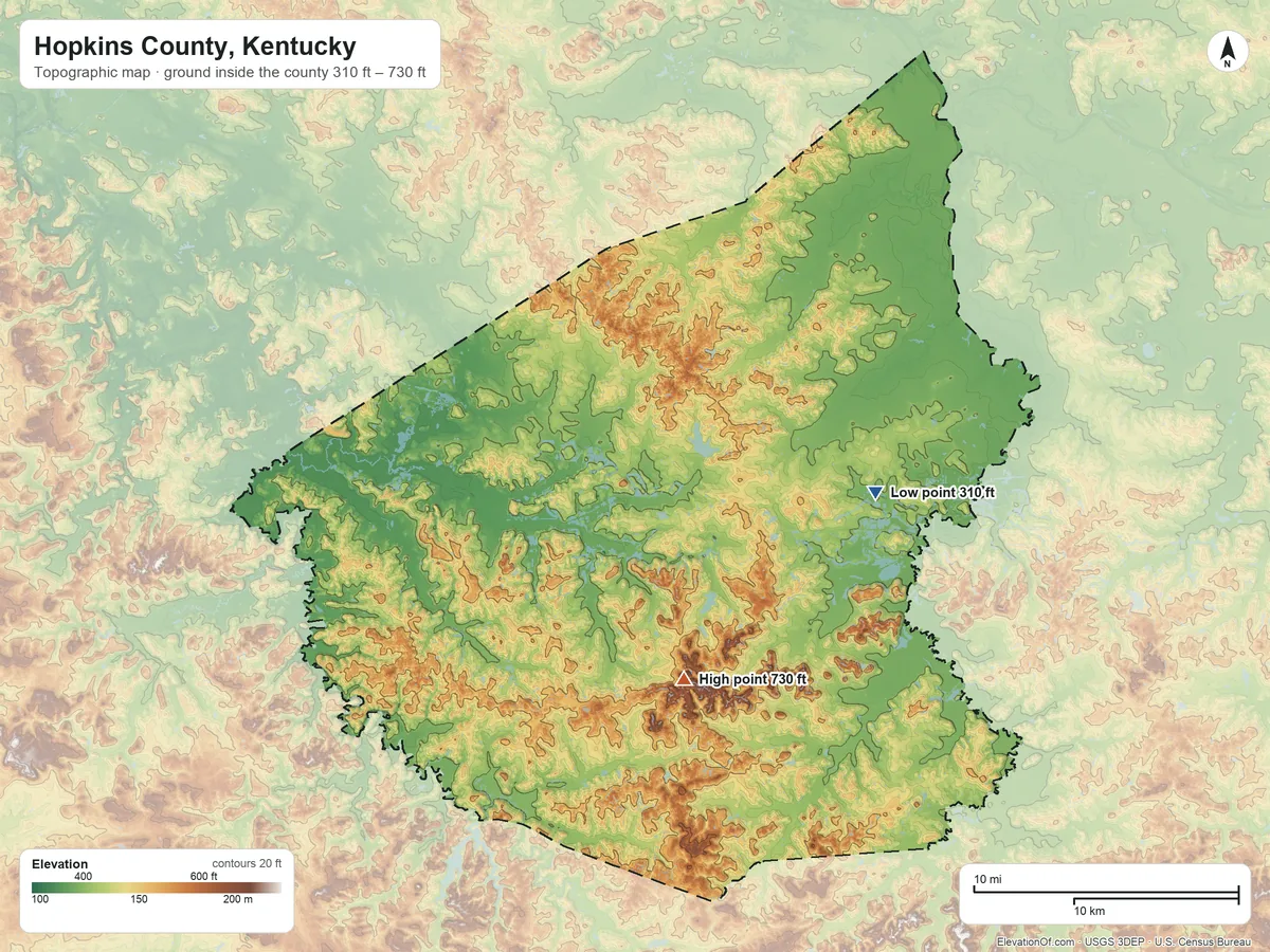 Topographic elevation map of Hopkins County, Kentucky, shaded from 310 ft on the east side to 730 ft on the south side