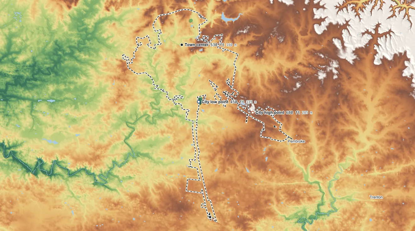 Topographic elevation map of Hopkinsville, Kentucky, shaded from 450 ft on the south side to 680 ft on the southeast side