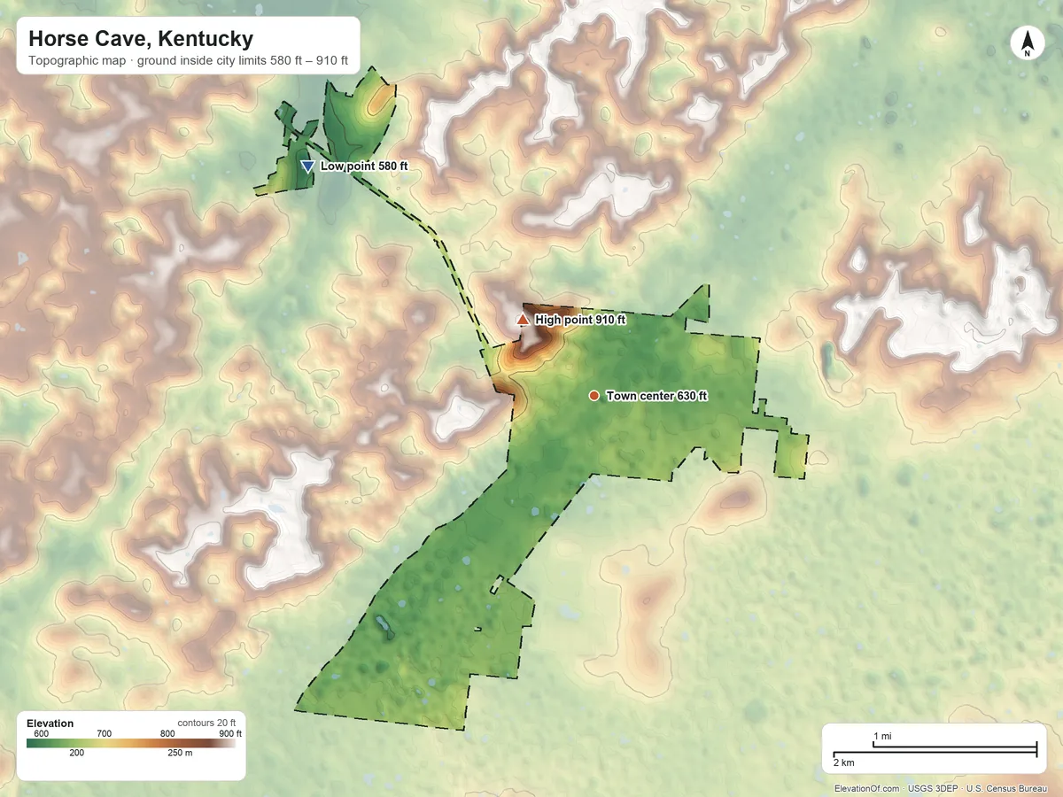 Topographic elevation map of Horse Cave, Kentucky, shaded from 580 ft on the northwest side to 910 ft on Gossett Knob