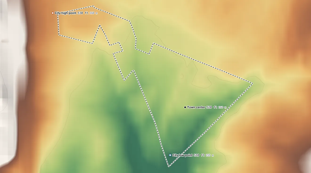Topographic elevation map of Hunters Hollow, Kentucky, shaded from 510 ft on the south side to 530 ft at the foot of the South Park Hills