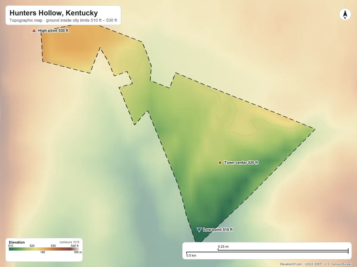 Topographic elevation map of Hunters Hollow, Kentucky, shaded from 510 ft on the south side to 530 ft at the foot of the South Park Hills