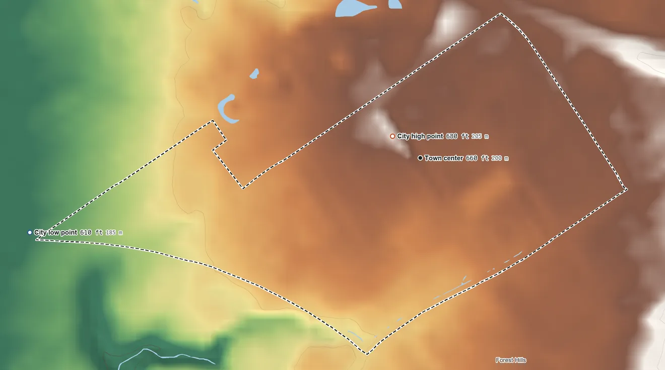 Topographic elevation map of Hurstbourne Acres, Kentucky, shaded from 610 ft on the west side to 680 ft near the middle