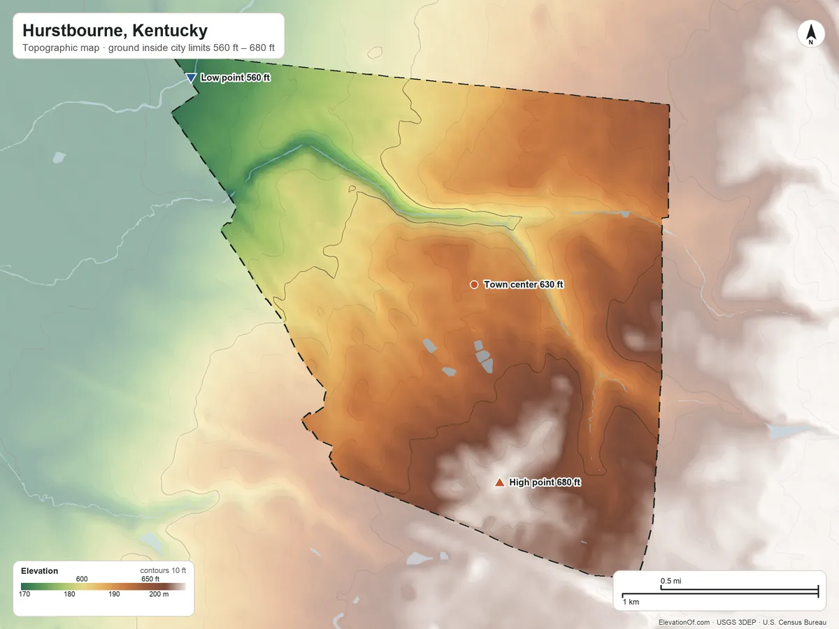 Topographic elevation map of Hurstbourne, Kentucky, shaded from 560 ft on the northwest side to 680 ft on the south side