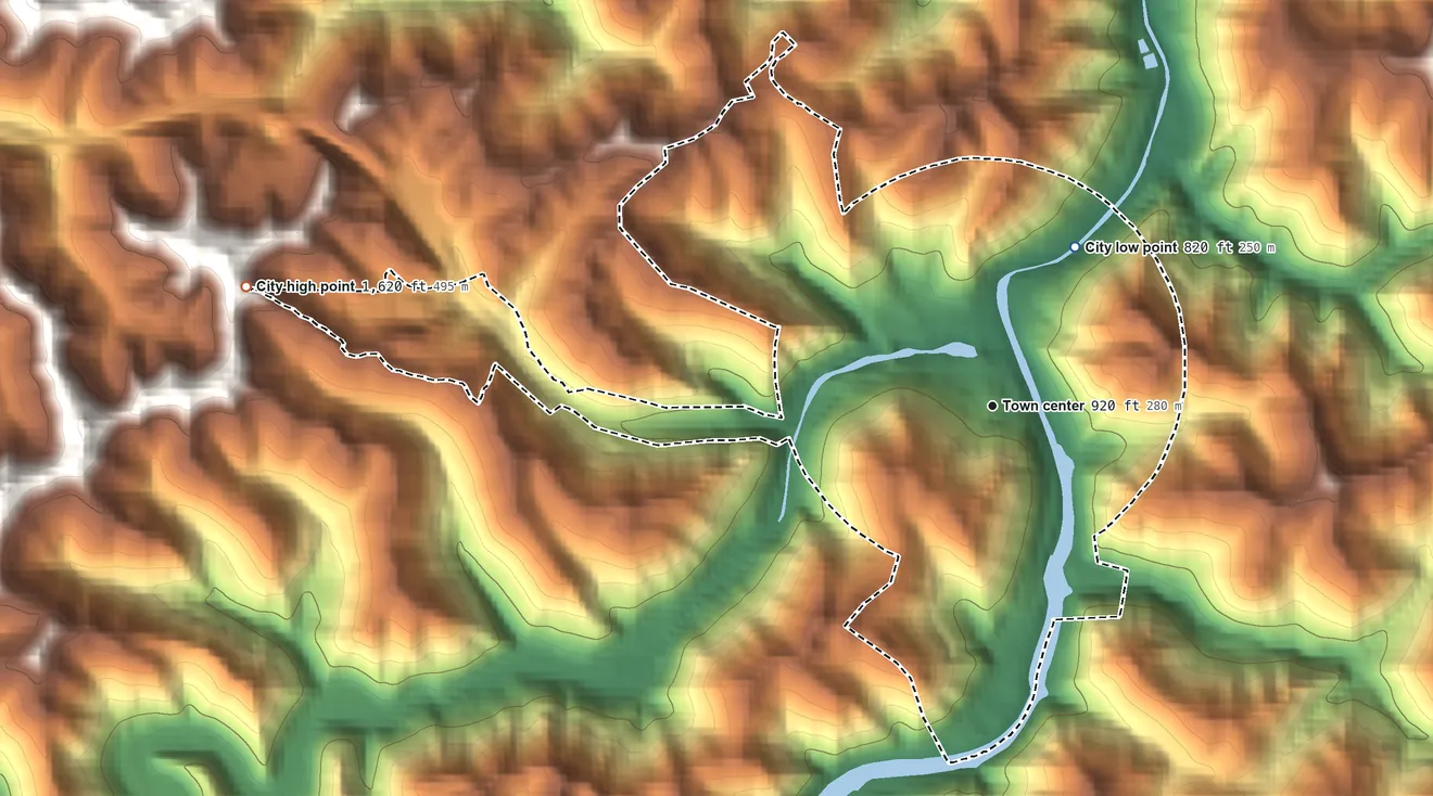 Topographic elevation map of Hyden, Kentucky, shaded from 820 ft on the northeast side to 1,620 ft on the west side