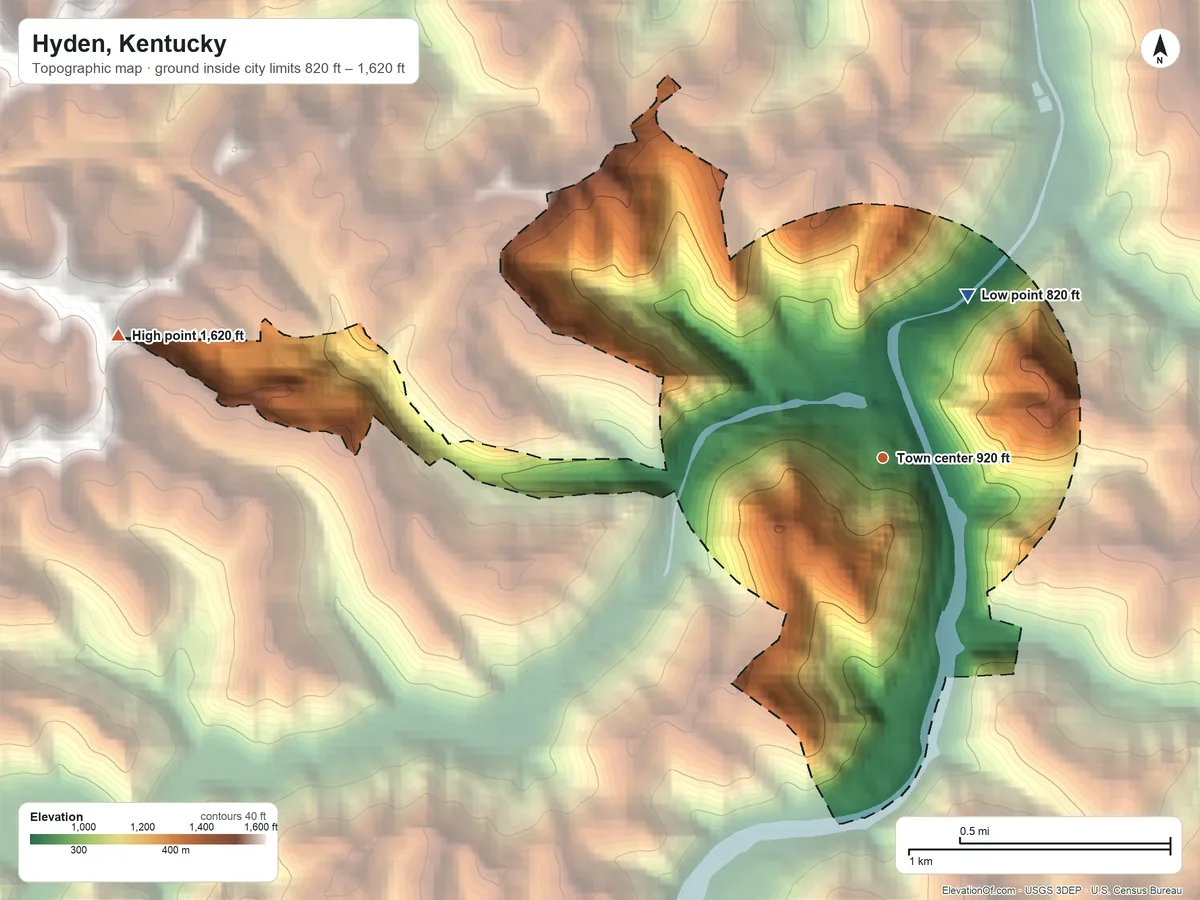 Topographic elevation map of Hyden, Kentucky, shaded from 820 ft on the northeast side to 1,620 ft on the west side
