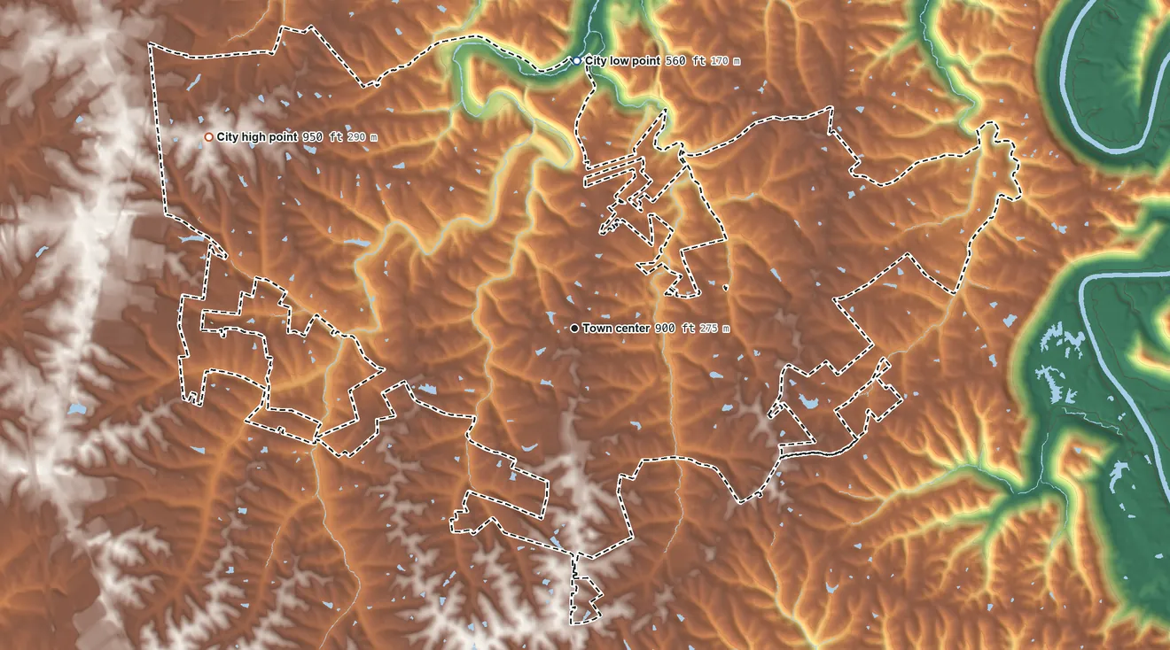 Topographic elevation map of Independence, Kentucky, shaded from 560 ft on the north side to 950 ft on the northwest side