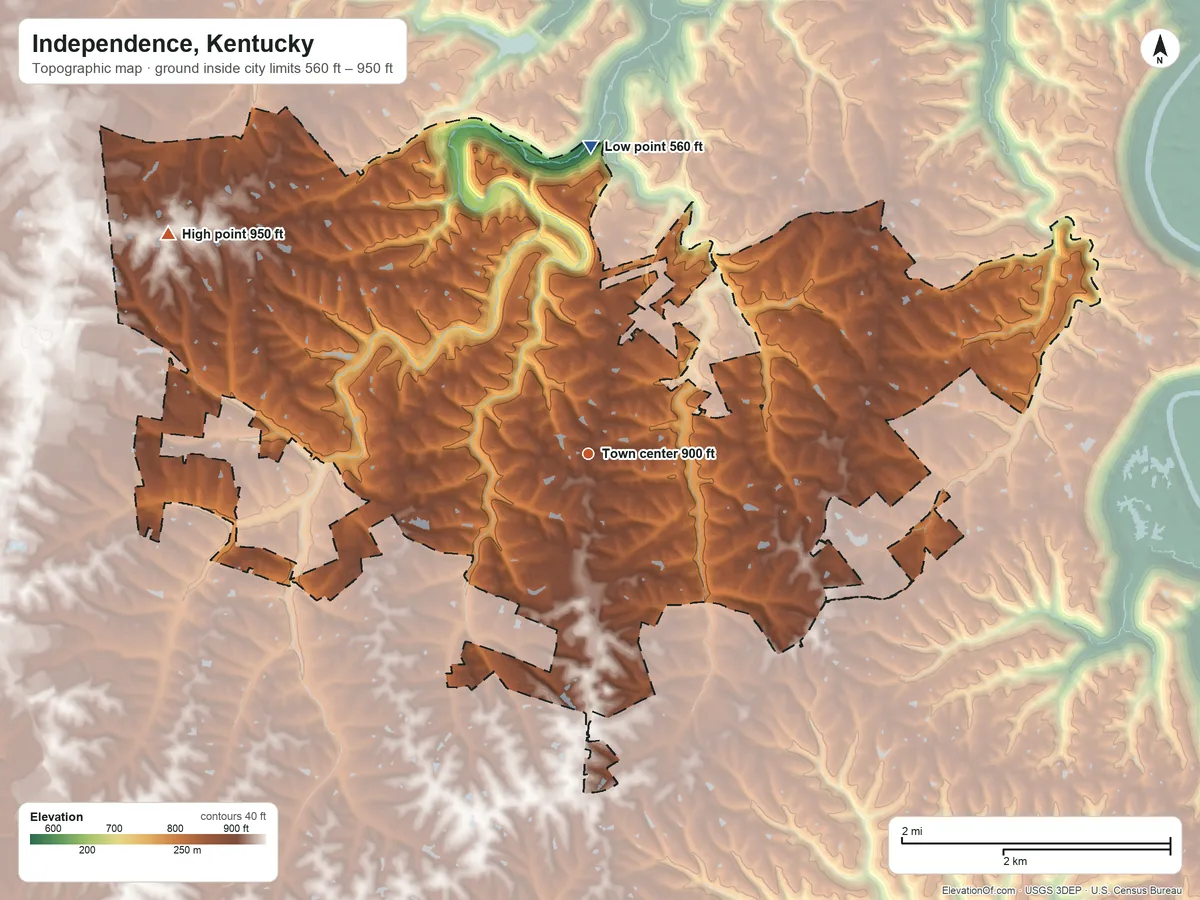 Topographic elevation map of Independence, Kentucky, shaded from 560 ft on the north side to 950 ft on the northwest side
