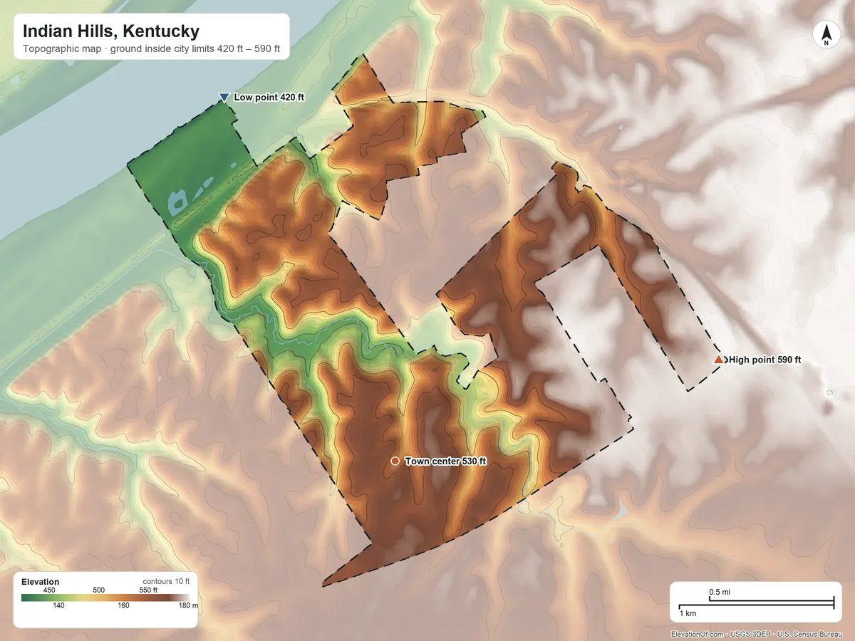 Topographic elevation map of Indian Hills, Kentucky, shaded from 420 ft on the northwest side to 590 ft on the east side