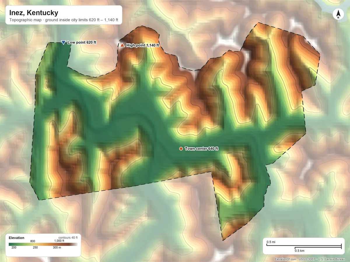 Topographic elevation map of Inez, Kentucky, shaded from 620 ft on the northwest side to 1,140 ft on the northwest side
