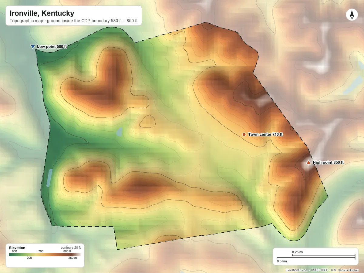 Topographic elevation map of Ironville, Kentucky, shaded from 580 ft on the northwest side to 850 ft on the southeast side
