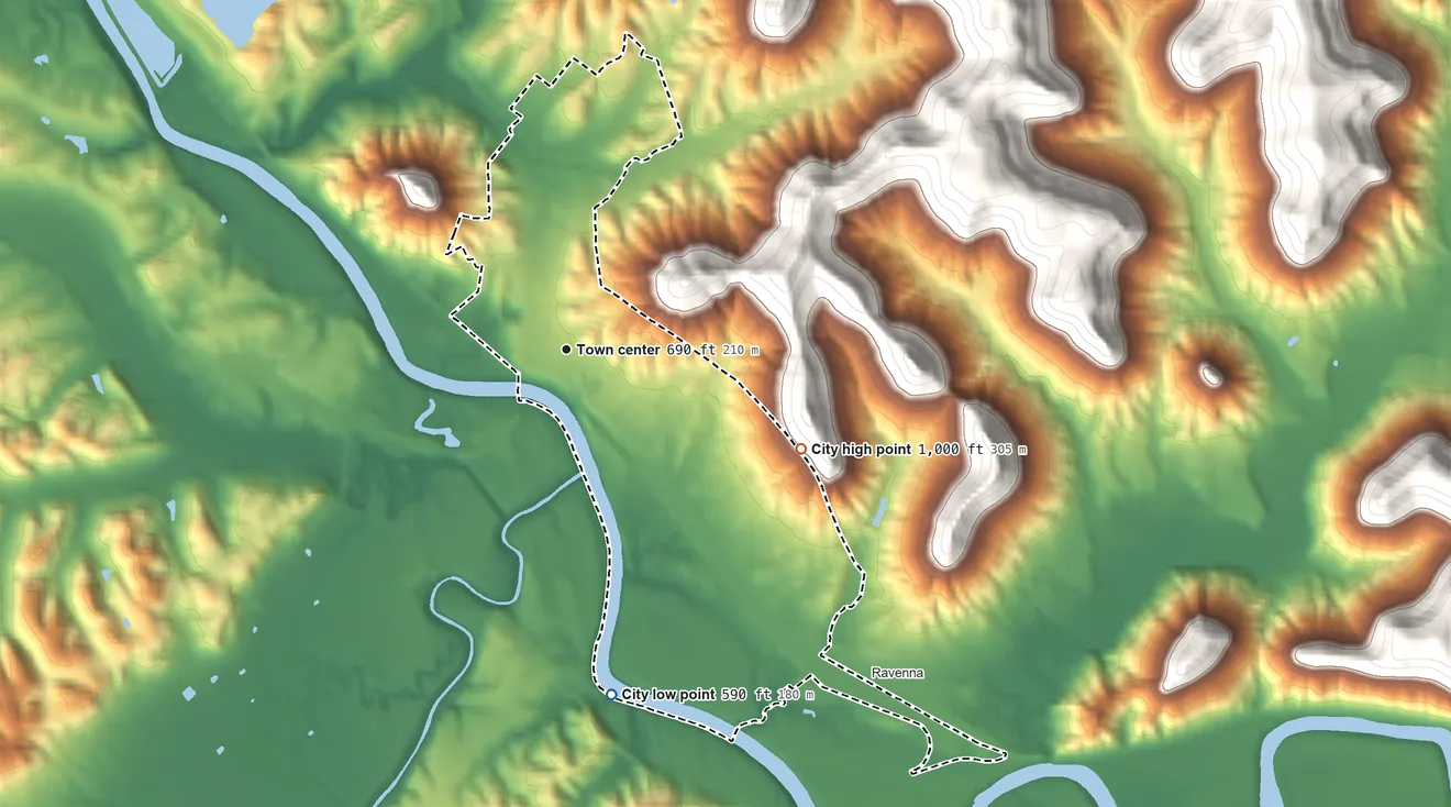 Topographic elevation map of Irvine, Kentucky, shaded from 590 ft on the south side to 1,000 ft on the southeast edge, below higher ground just outside