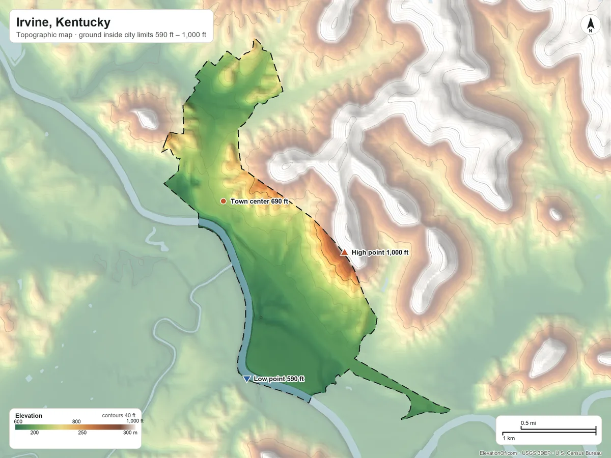 Topographic elevation map of Irvine, Kentucky, shaded from 590 ft on the south side to 1,000 ft on the southeast edge, below higher ground just outside