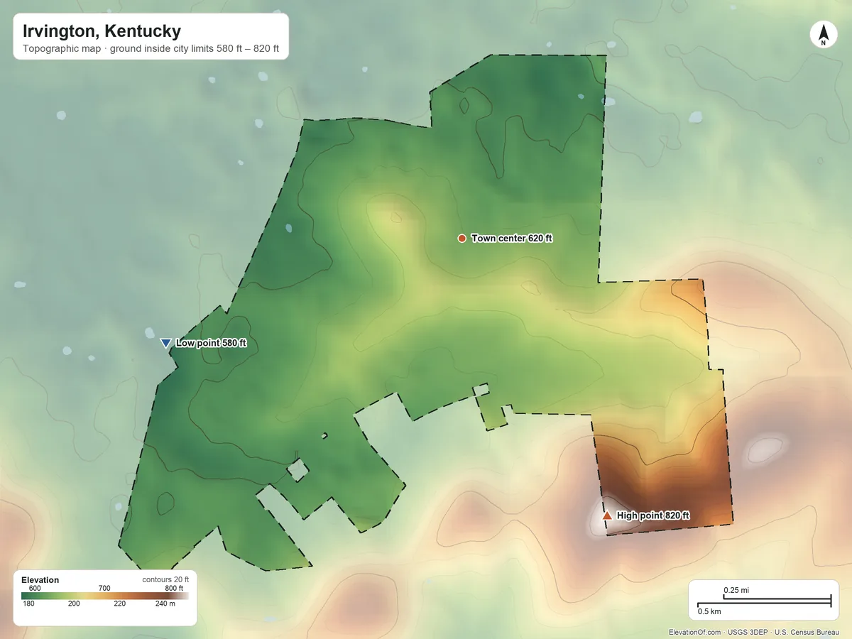 Topographic elevation map of Irvington, Kentucky, shaded from 580 ft on the west side to 820 ft on the southeast side