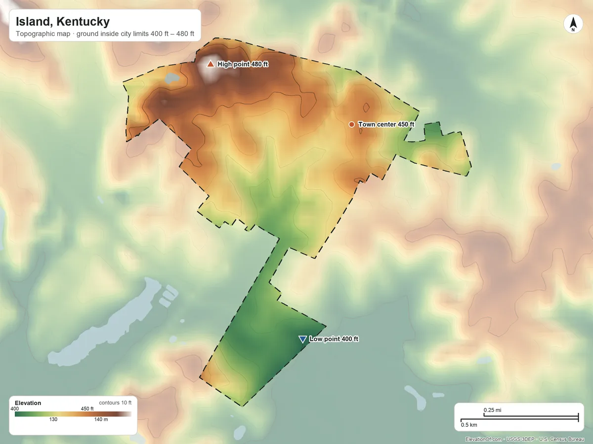 Topographic elevation map of Island, Kentucky, shaded from 400 ft on the south side to 480 ft on the northwest side