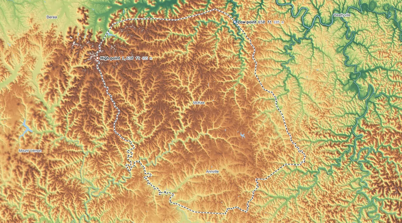 Topographic elevation map of Jackson County, Kentucky, shaded from 650 ft on the north side to 1,630 ft on the northwest side