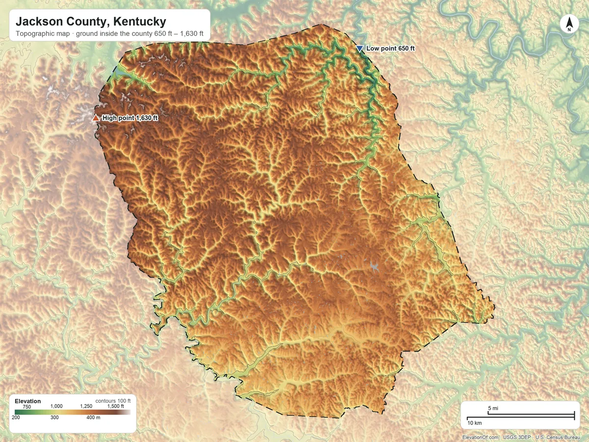 Topographic elevation map of Jackson County, Kentucky, shaded from 650 ft on the north side to 1,630 ft on the northwest side