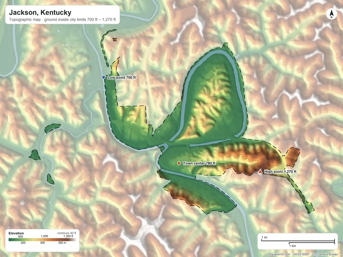Topographic elevation map of Jackson, Kentucky, shaded from 700 ft on the northwest side to 1,270 ft on Picnic Hill