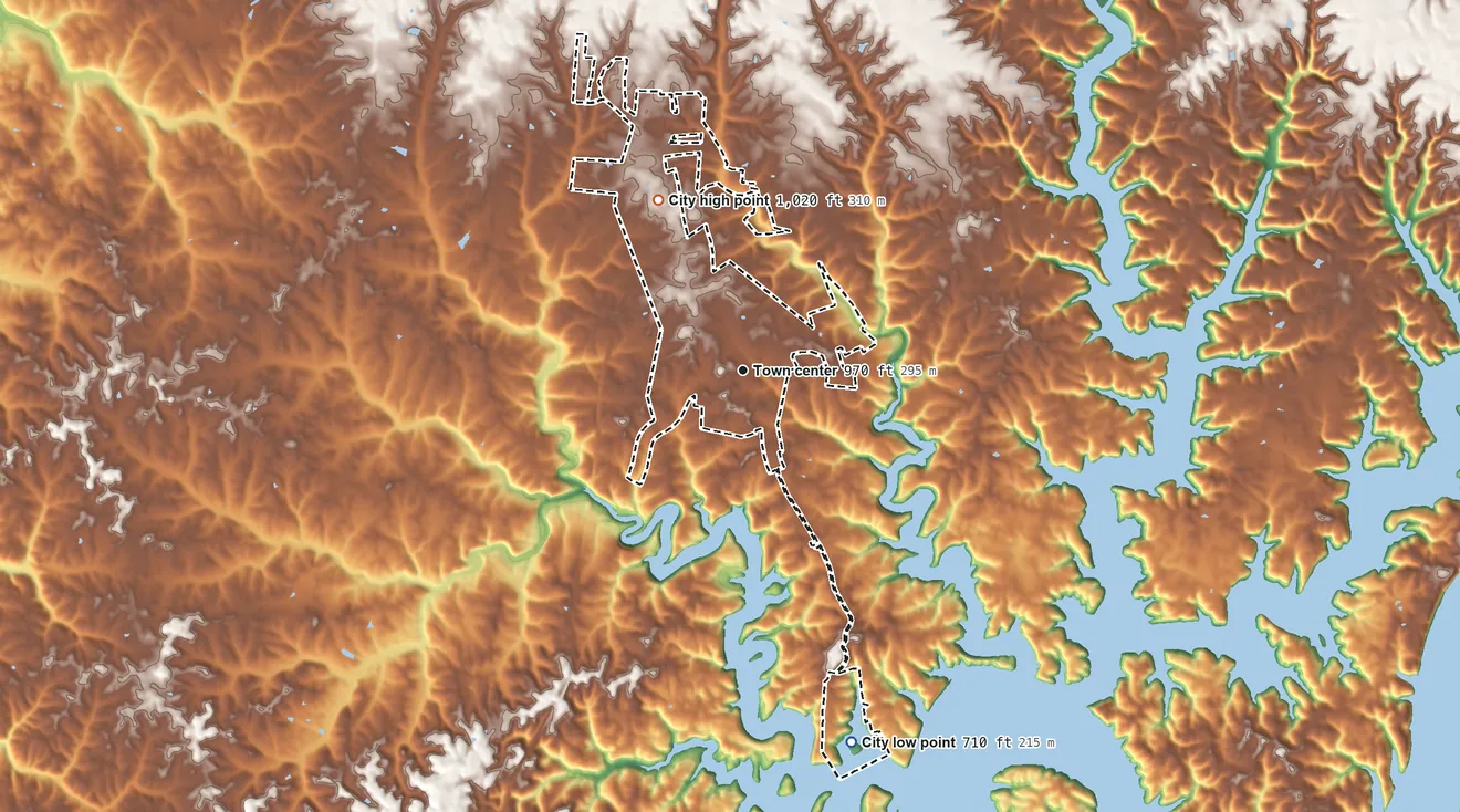 Topographic elevation map of Jamestown, Kentucky, shaded from 710 ft on the south side to 1,020 ft on the northwest side