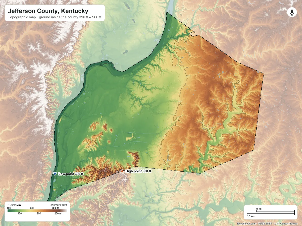 Topographic elevation map of Jefferson County, Kentucky, shaded from 390 ft on the southwest side to 900 ft on Holsclaw Hill