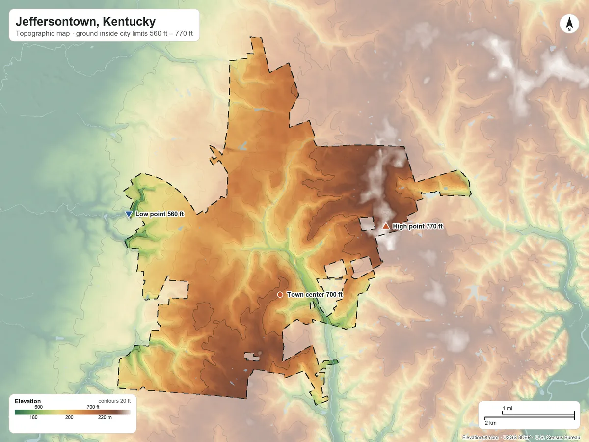 Topographic elevation map of Jeffersontown, Kentucky, shaded from 560 ft on the northwest side to 770 ft on the northeast side