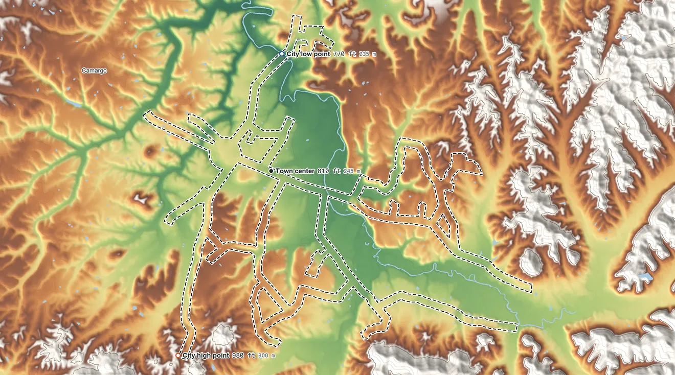 Topographic elevation map of Jeffersonville, Kentucky, shaded from 770 ft on the north side to 980 ft on the southwest edge, below higher ground just outside