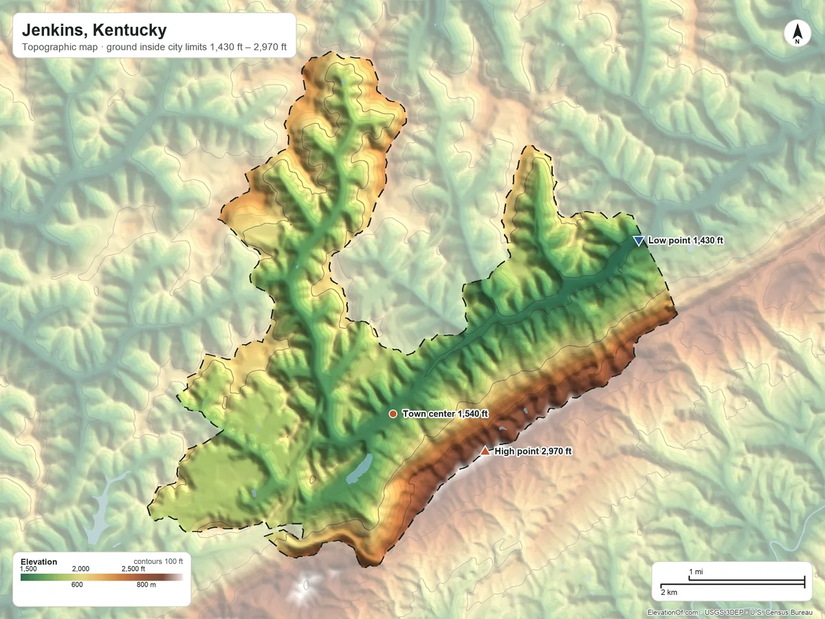 Topographic elevation map of Jenkins, Kentucky, shaded from 1,430 ft on the northeast side to 2,970 ft on the east side