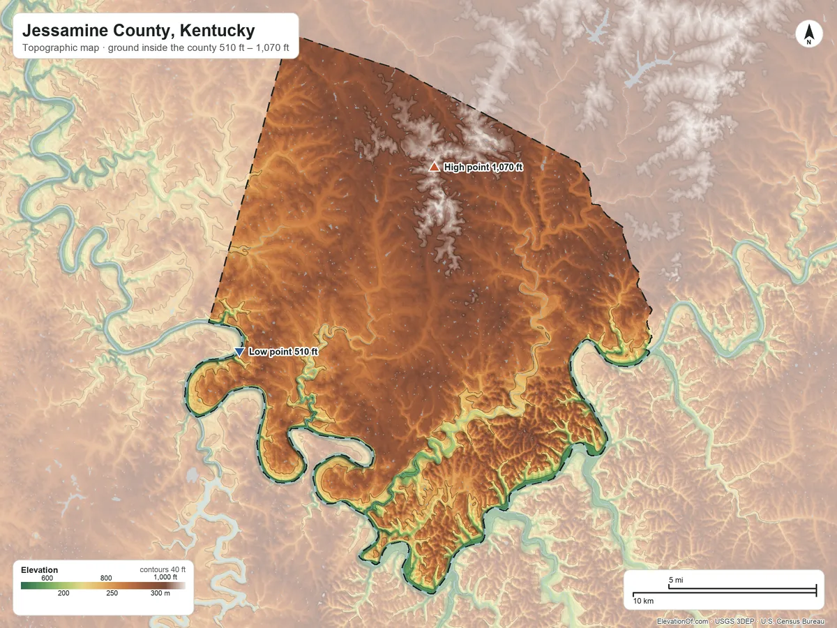 Topographic elevation map of Jessamine County, Kentucky, shaded from 510 ft on the west side to 1,070 ft on the north side