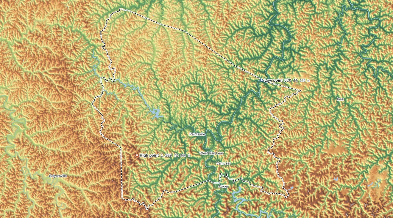 Topographic elevation map of Johnson County, Kentucky, shaded from 570 ft on the northeast side to 1,500 ft on Stuffley Knob