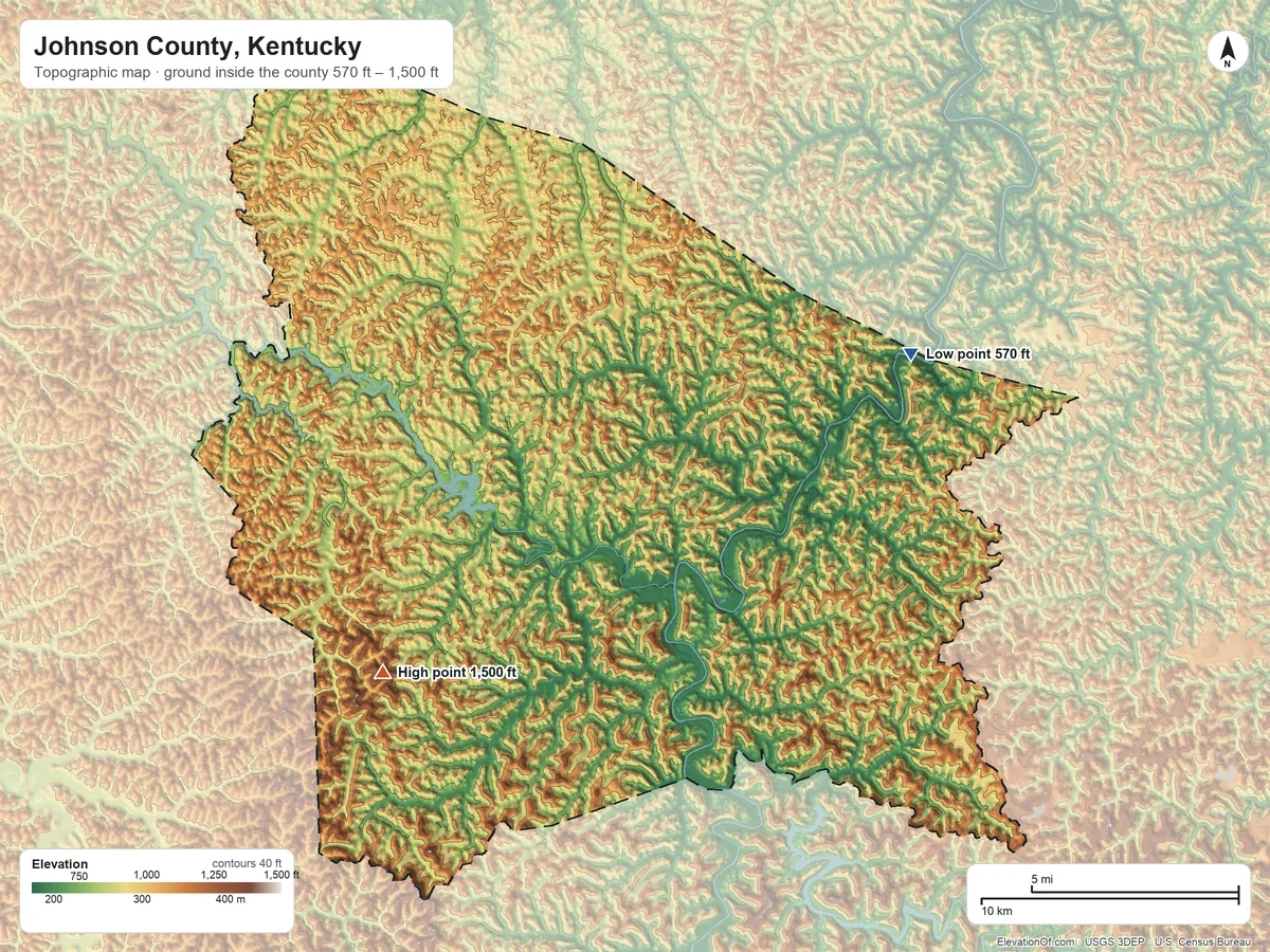 Topographic elevation map of Johnson County, Kentucky, shaded from 570 ft on the northeast side to 1,500 ft on Stuffley Knob