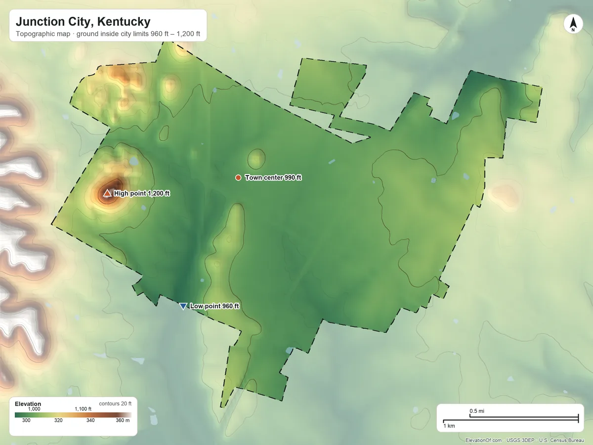 Topographic elevation map of Junction City, Kentucky, shaded from 960 ft on the southwest side to 1,200 ft on the west side