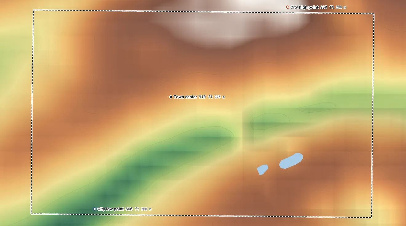Topographic elevation map of Keene, Kentucky, shaded from 860 ft on the southwest side to 950 ft on the northeast side