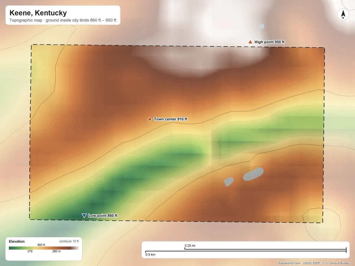 Topographic elevation map of Keene, Kentucky, shaded from 860 ft on the southwest side to 950 ft on the northeast side