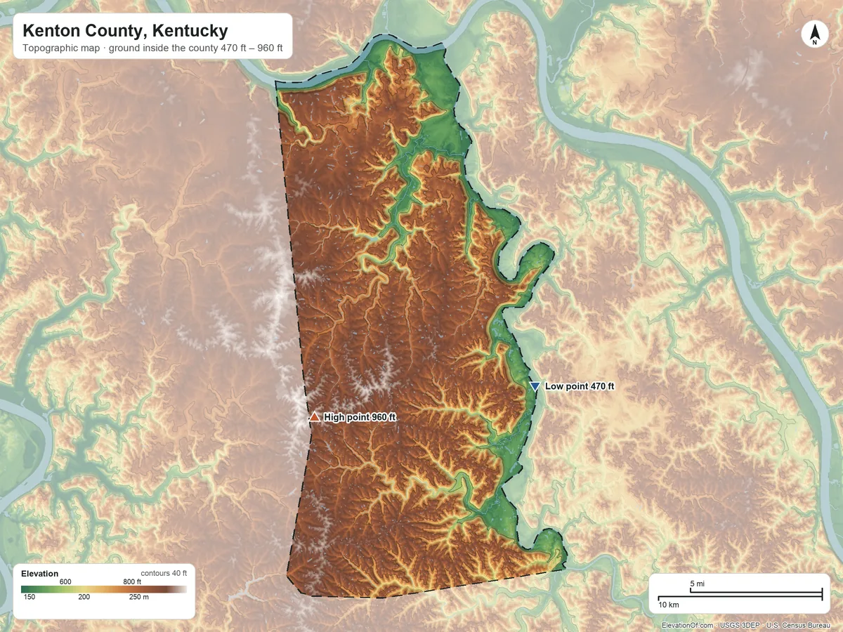 Topographic elevation map of Kenton County, Kentucky, shaded from 470 ft on the southeast side to 960 ft on the southwest side